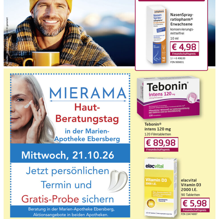 Oktober-Angebote Marien-Apotheke Ebersberg: Produkte Schlafstörungen, Haut-Beratung, Nasenspray