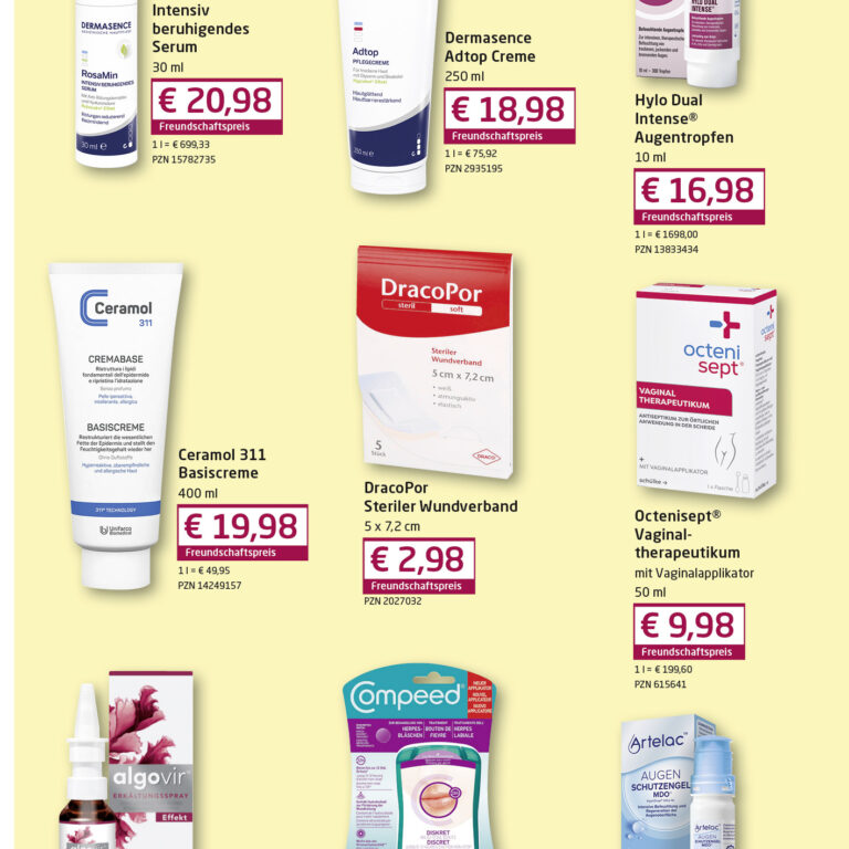 Oktober-Angebote Marien-Apotheke Ebersberg: Produkte für Hautpflege, Desinfektion, trockene Haut, juckende Haut